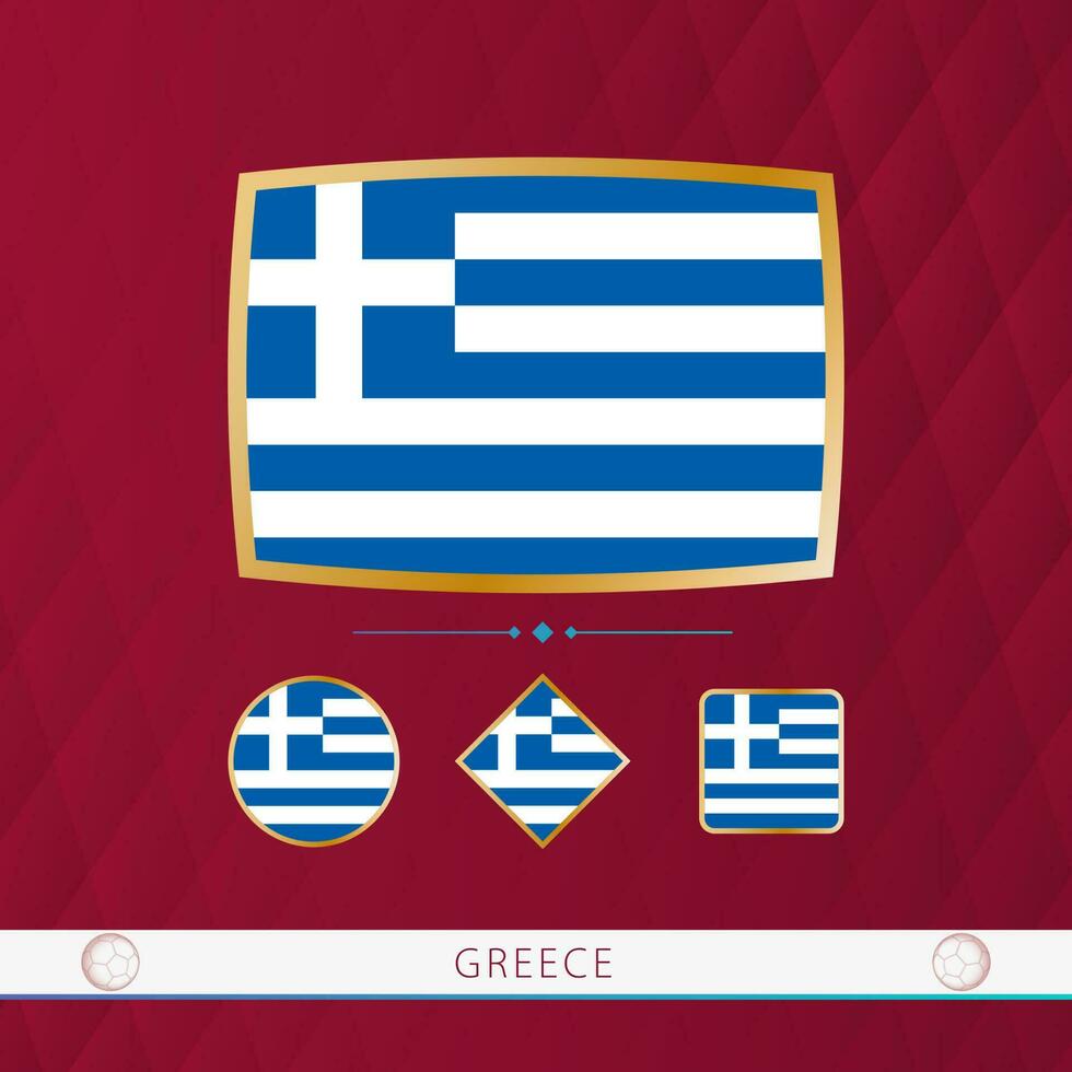 conjunto de Grecia banderas con oro marco para utilizar a deportivo eventos en un borgoña resumen antecedentes. vector