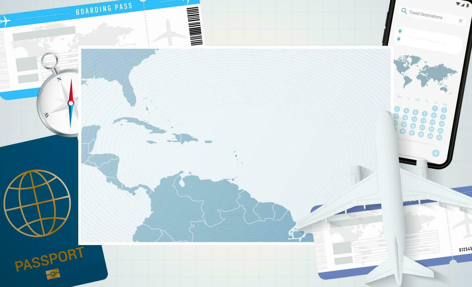 Journey to Dominica, illustration with a map of Dominica. Background with airplane, cell phone, passport, compass and tickets. vector