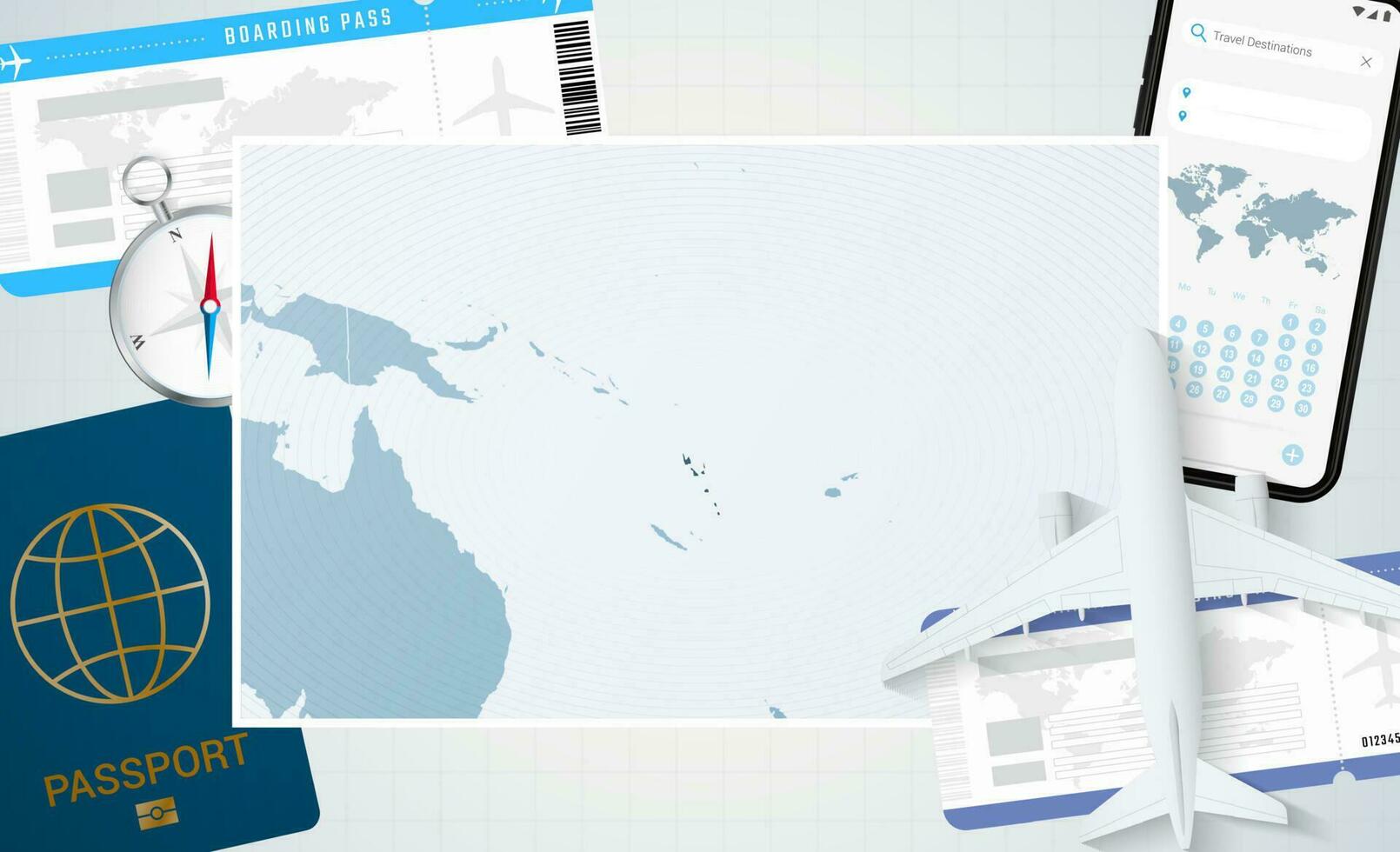 Journey to Vanuatu, illustration with a map of Vanuatu. Background with airplane, cell phone, passport, compass and tickets. vector