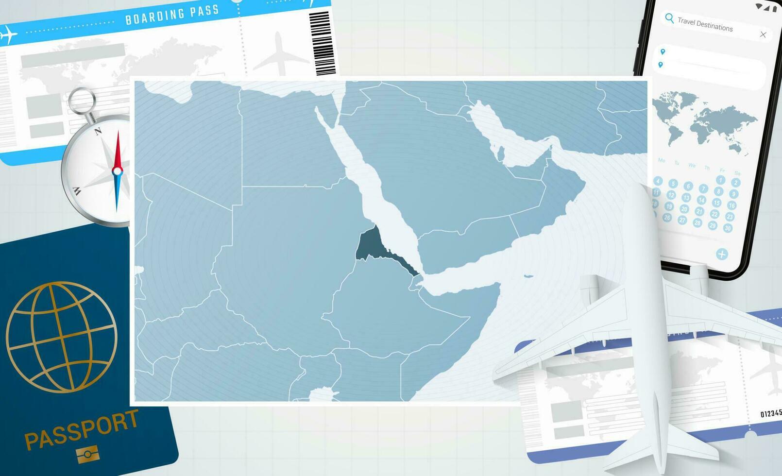 Journey to Eritrea, illustration with a map of Eritrea. Background with airplane, cell phone, passport, compass and tickets. vector