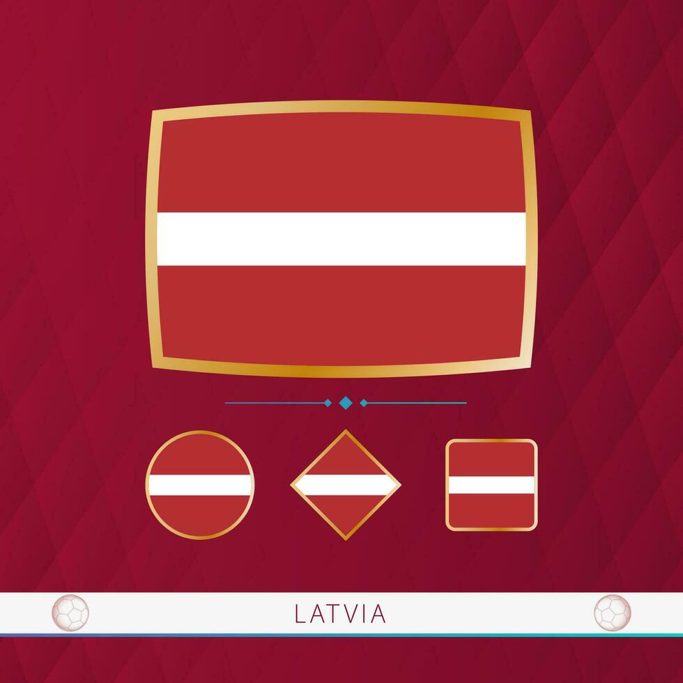 Set of Latvia flags with gold frame for use at sporting events on a burgundy abstract background. vector