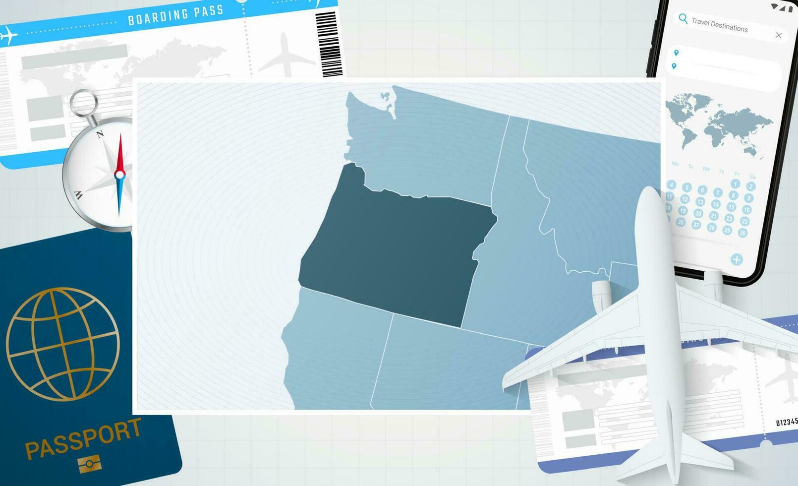 Journey to Oregon, illustration with a map of Oregon. Background with airplane, cell phone, passport, compass and tickets. vector