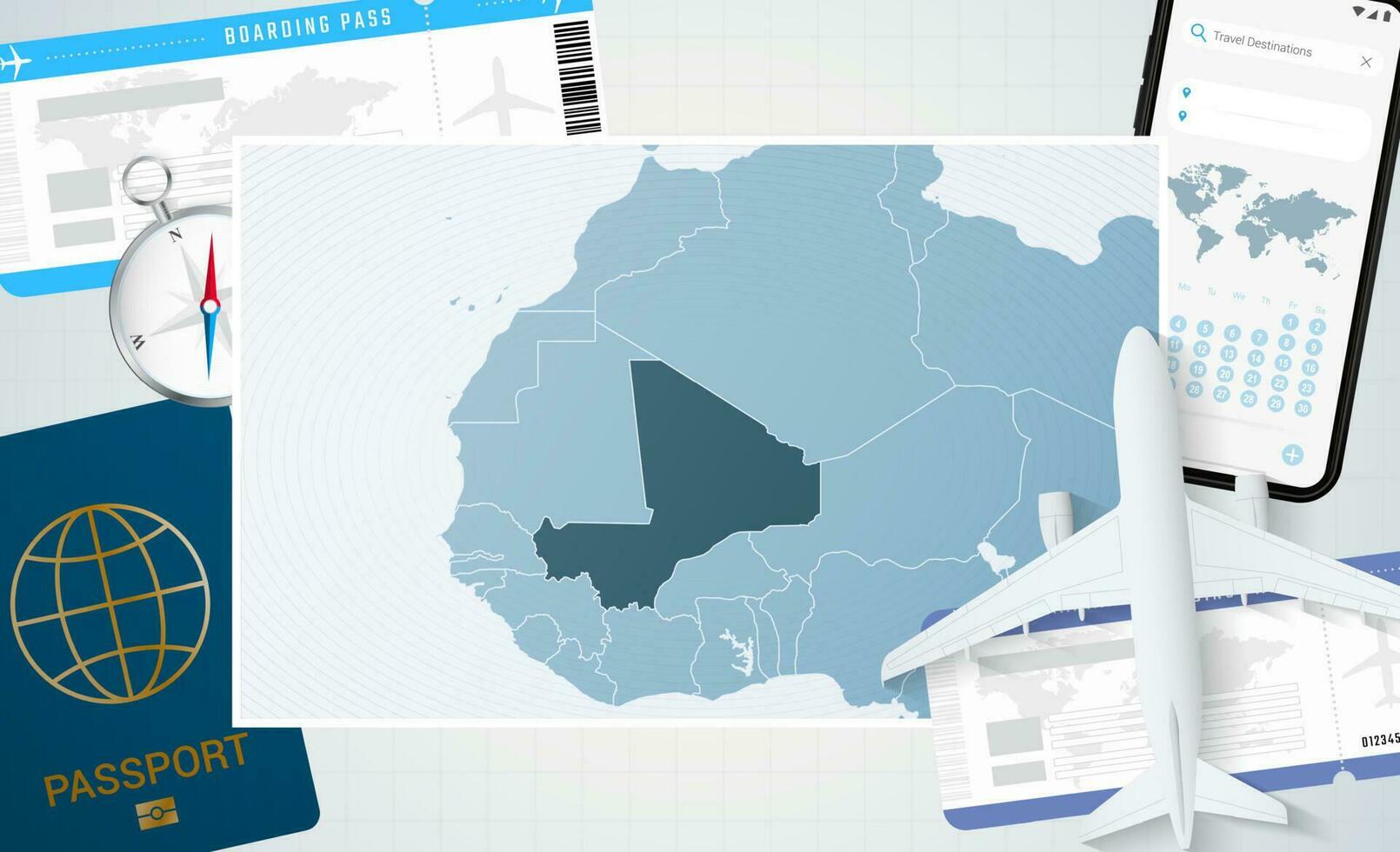 Journey to Mali, illustration with a map of Mali. Background with airplane, cell phone, passport, compass and tickets. vector