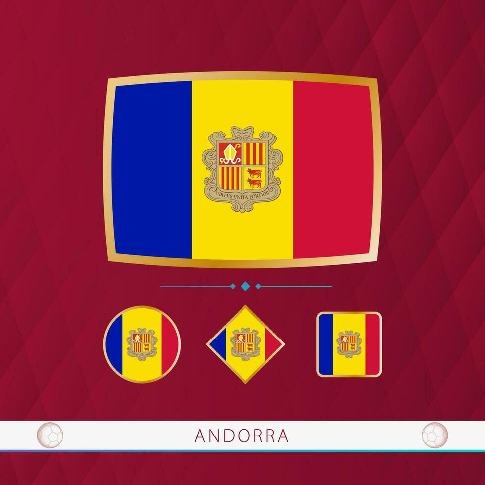 Set of Andorra flags with gold frame for use at sporting events on a burgundy abstract background. vector