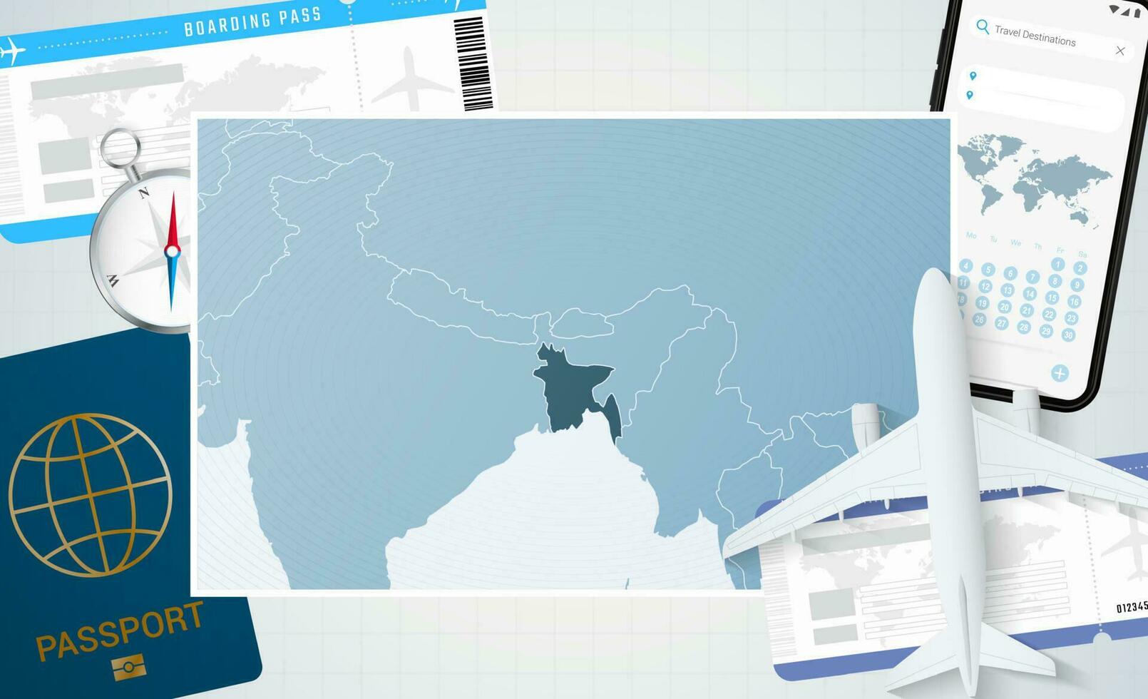 Journey to Bangladesh, illustration with a map of Bangladesh. Background with airplane, cell phone, passport, compass and tickets. vector