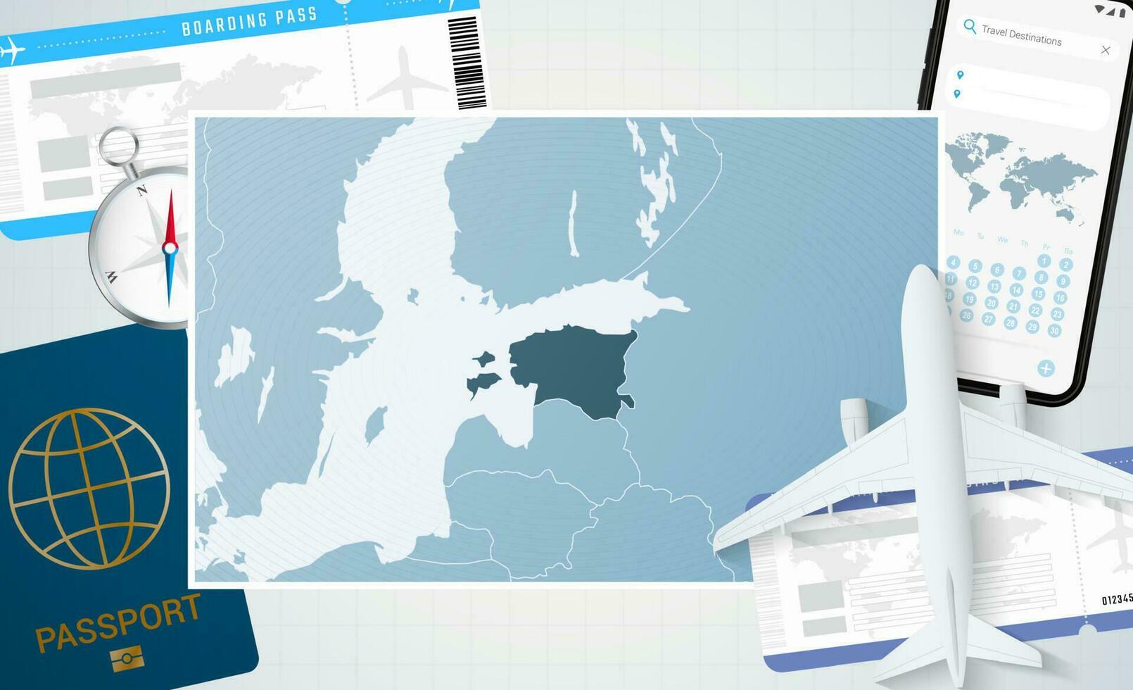 Journey to Estonia, illustration with a map of Estonia. Background with airplane, cell phone, passport, compass and tickets. vector