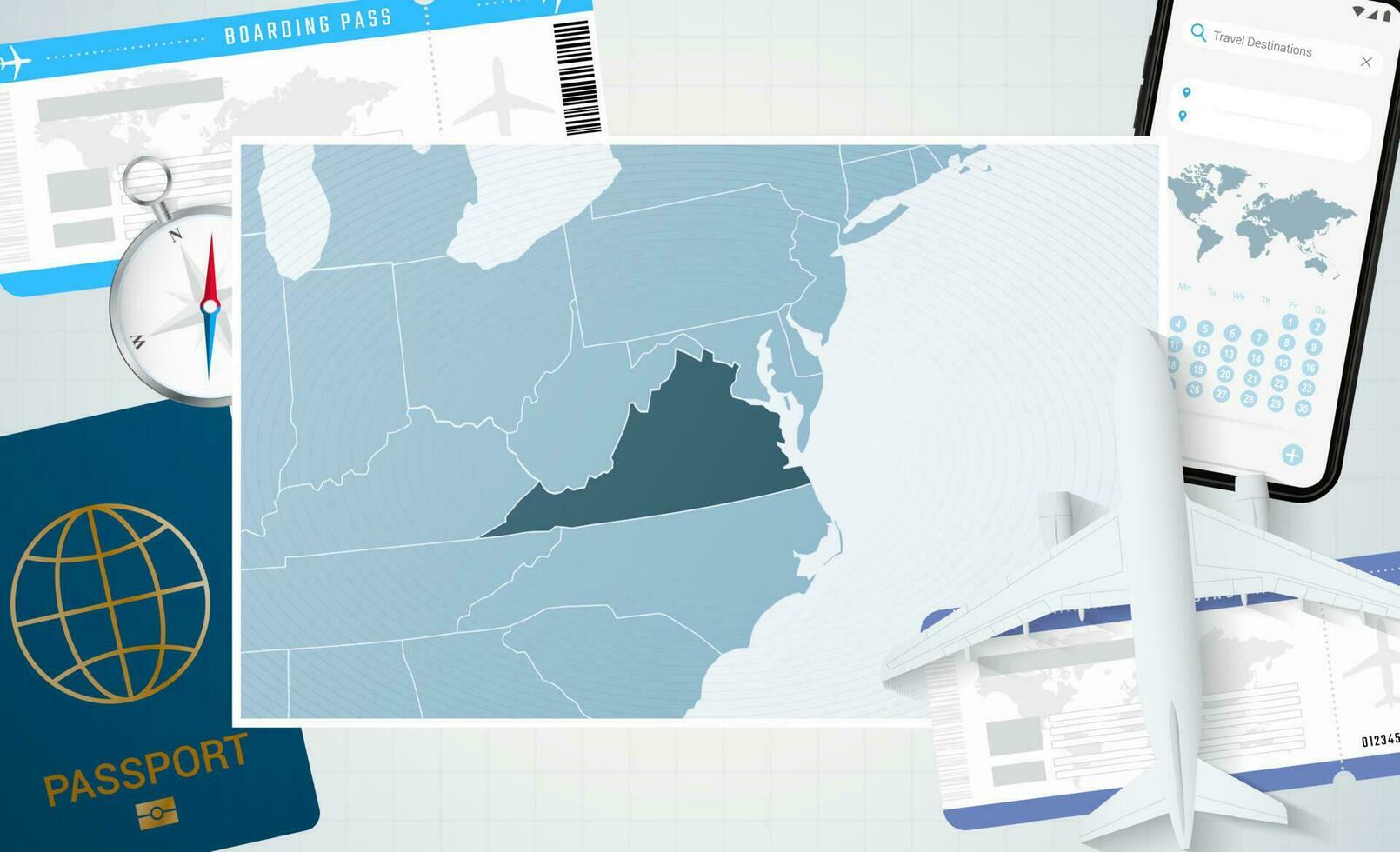 Journey to Virginia, illustration with a map of Virginia. Background with airplane, cell phone, passport, compass and tickets. vector