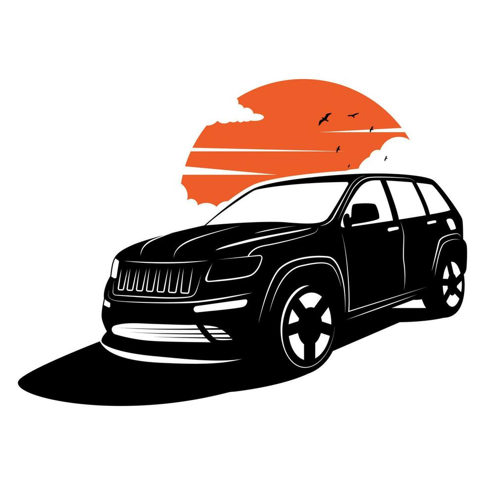 silueta coche logo con puesta de sol vector