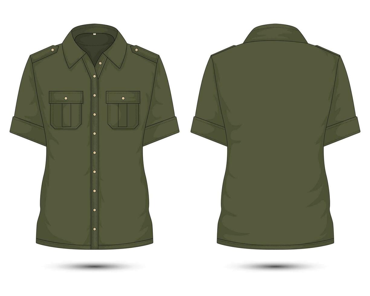 Short sleeve army shirt mockup front and back view vector