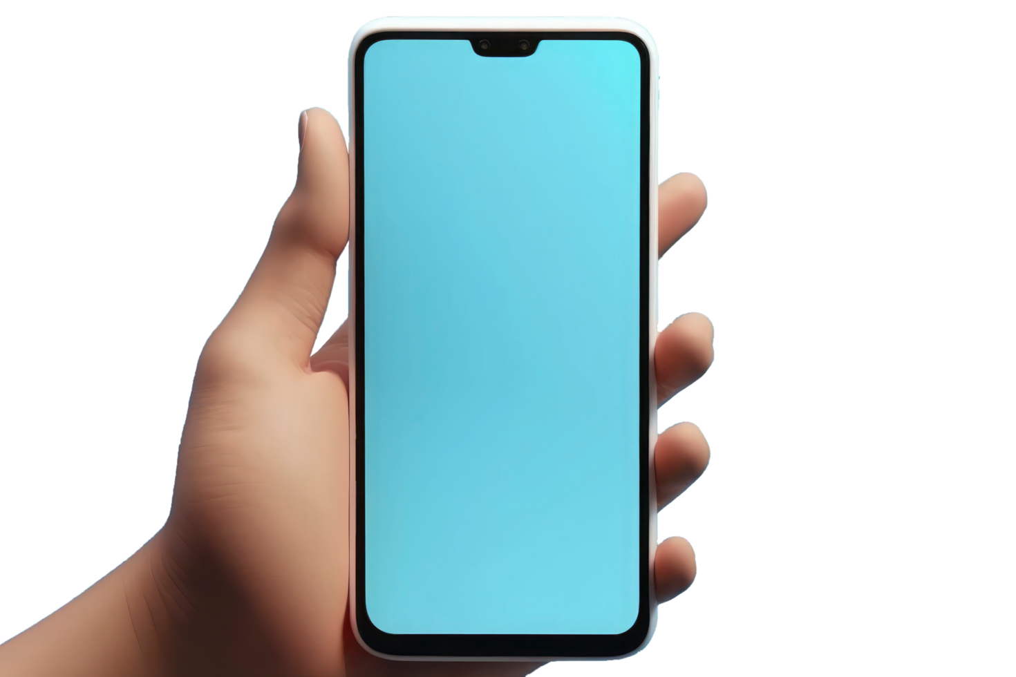 3d Hand halten Handy, Mobiltelefon Telefon mit leeren Bildschirm. Karikatur Smartphone isoliert auf Blau Hintergrund. Telefon Gerät Attrappe, Lehrmodell, Simulation. Marketing Zeit Banner Vorlage. 3d Rendern png