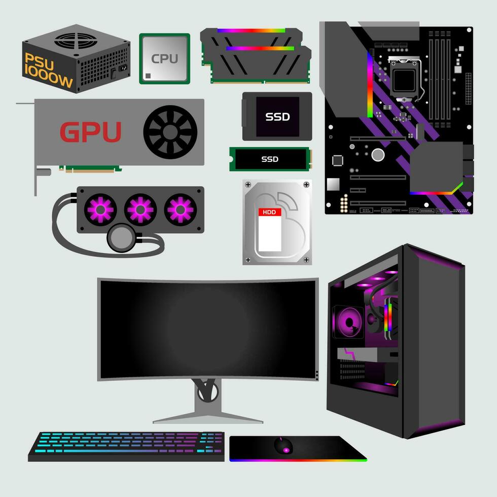 RGB Gaming PC graphic illustration set. vector