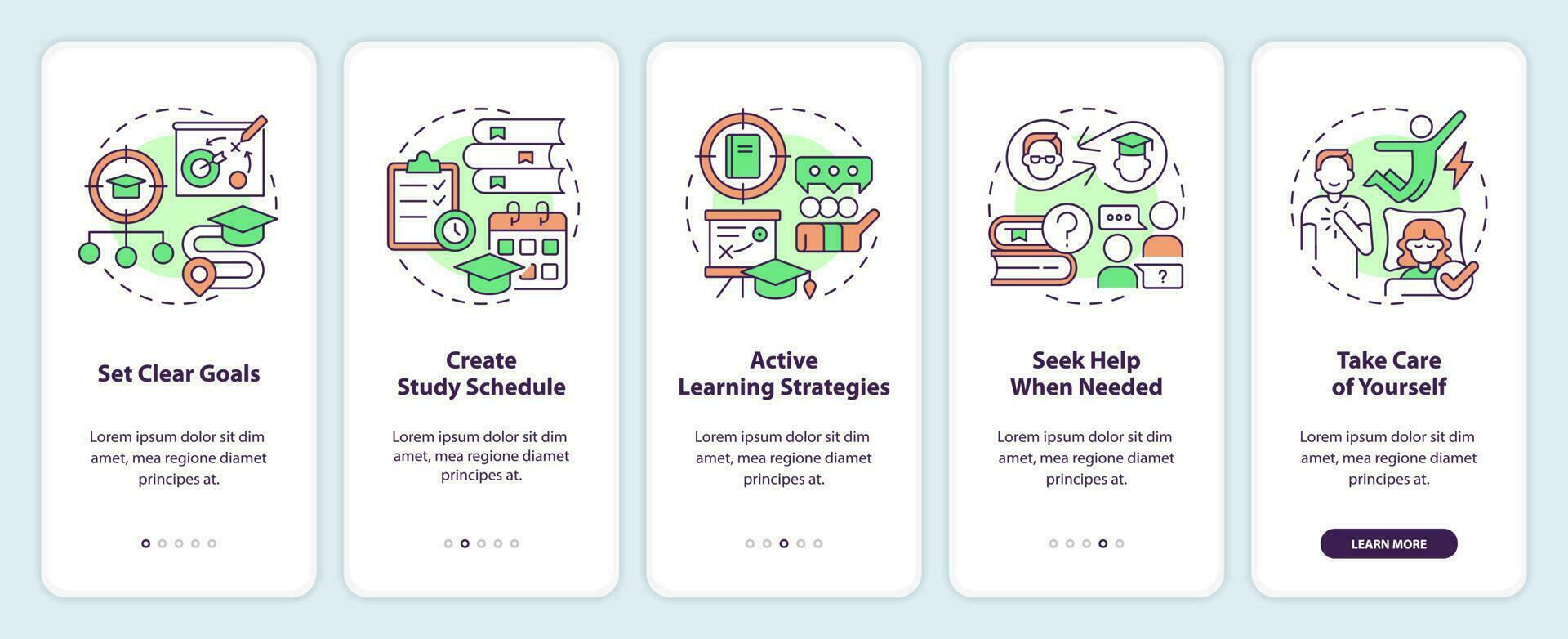 Improve academic performance onboarding mobile app screen. Walkthrough 5 steps editable graphic instructions with linear concepts. UI, UX, GUI template vector