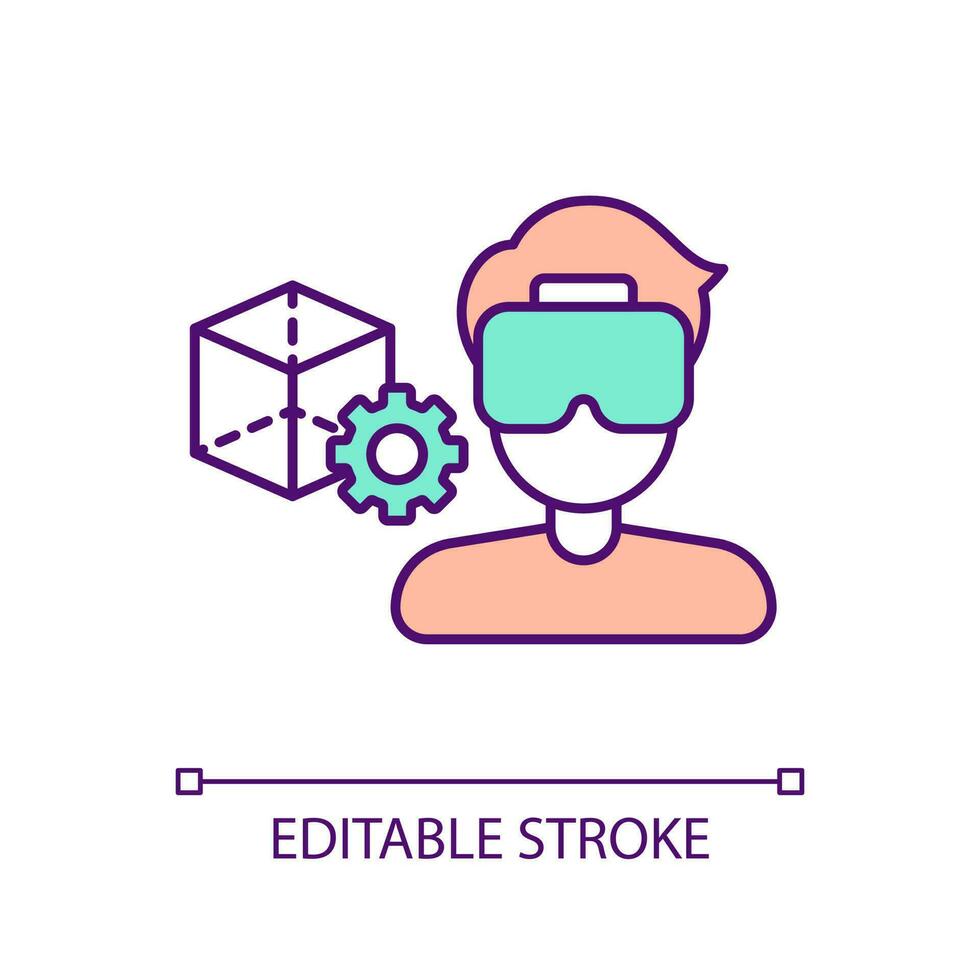 3D modeling in metaverse RGB color icon. Create and test items in virtual reality. Man with VR headset using technology. Isolated vector illustration. Simple filled line drawing. Editable stroke