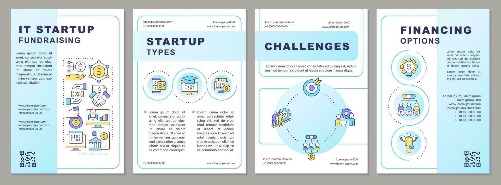IT startup fundraising blue gradient brochure template. Leaflet design with linear icons. 4 vector layouts for presentation, annual reports