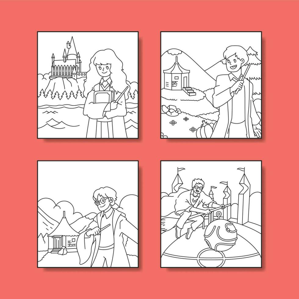 Young Sorcerer and Friends Coloring Pages vector