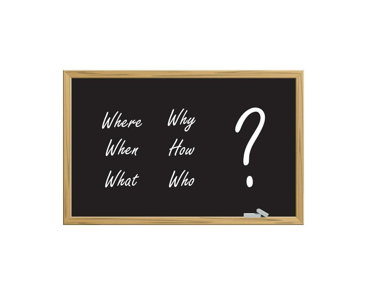 Where, When, What, Who, Why, How written on blackboard. Faq concept. Finding an answer to question. Queries handwriting on chalkboard. Help in solving problems vector