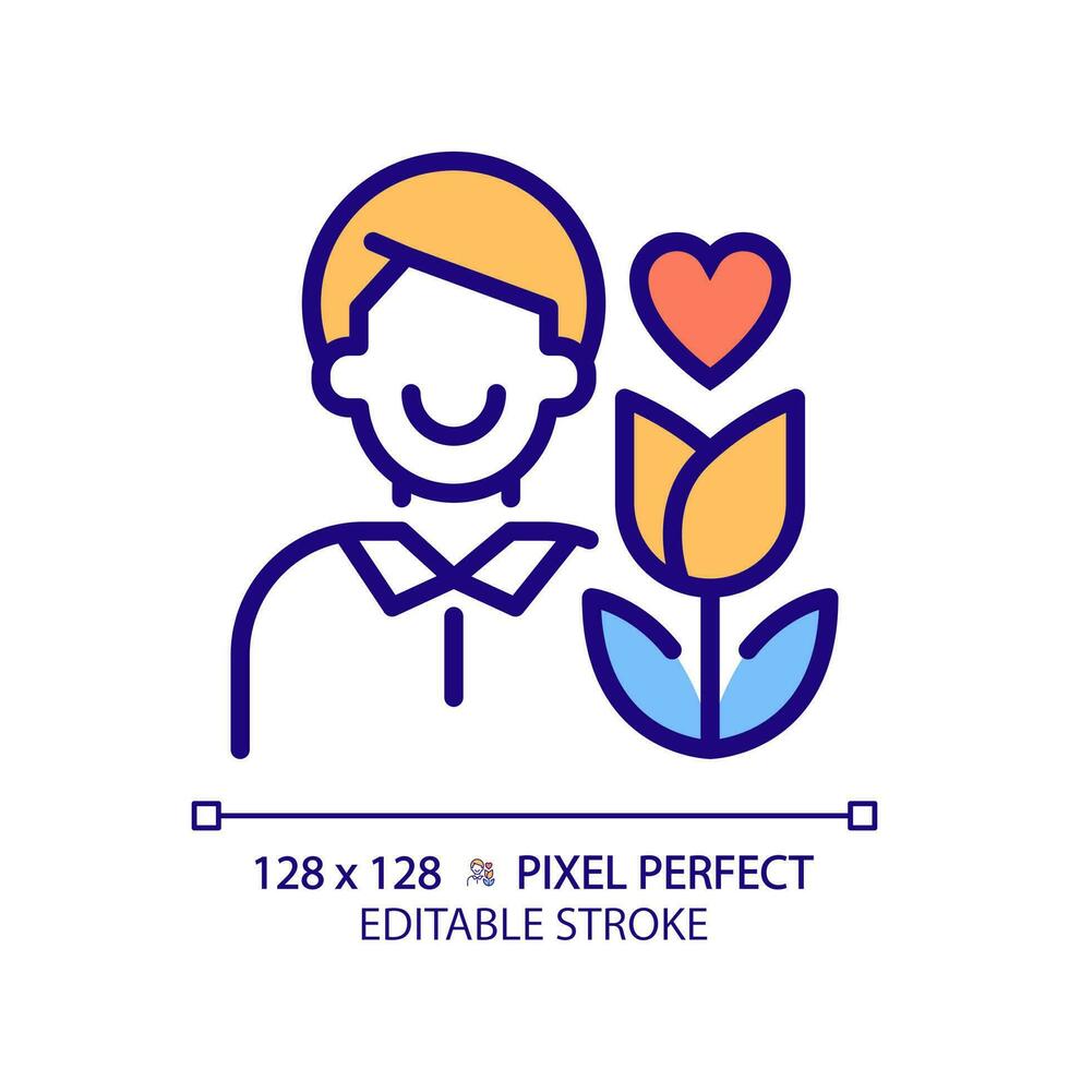 Lover pixel perfect RGB color icon. Creating relationship. Emotional person. Character archetype. Psychoanalytic theory. Isolated vector illustration. Simple filled line drawing. Editable stroke