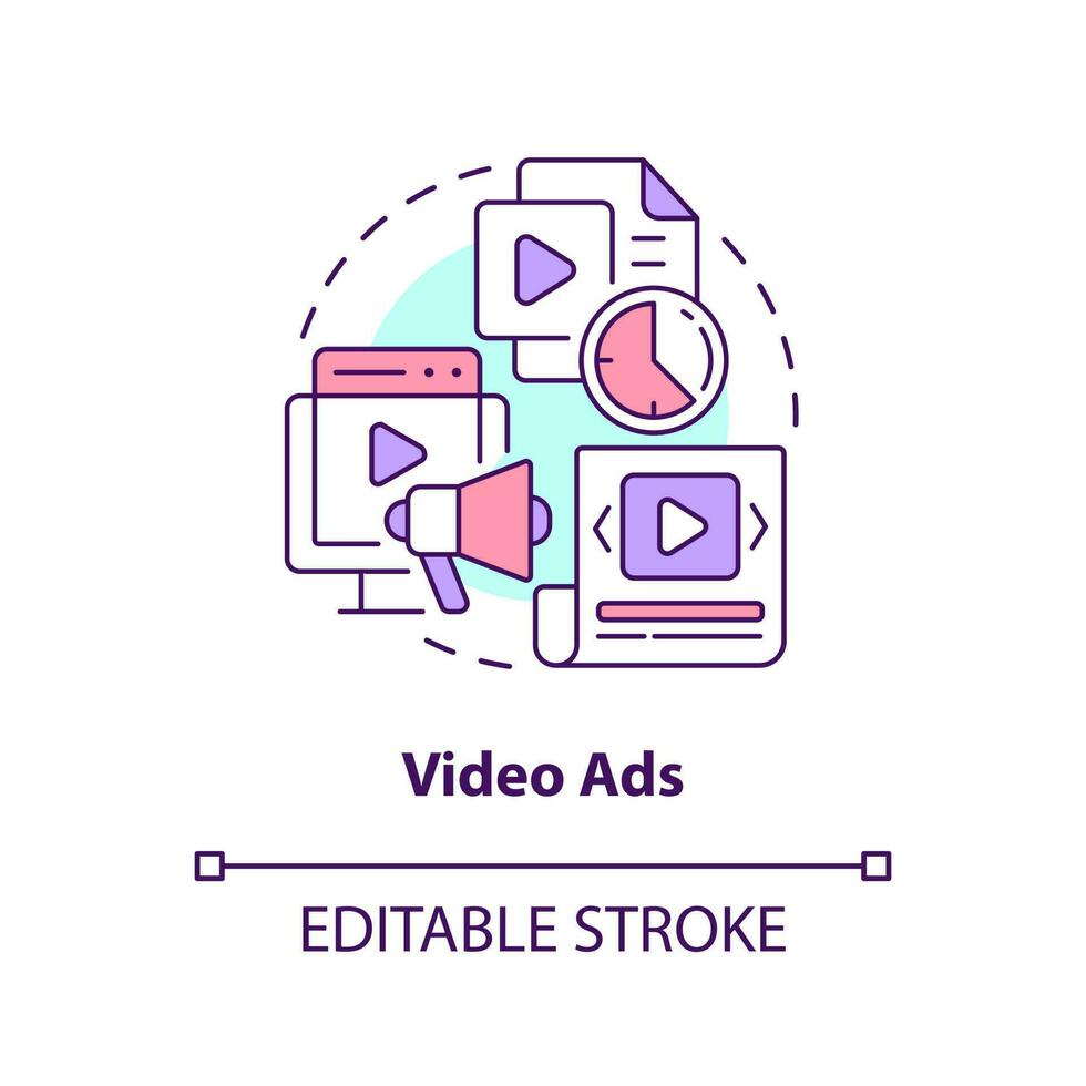 Video ads concept icon. Visually appealing content. Type of social media promo abstract idea thin line illustration. Isolated outline drawing. Editable stroke vector