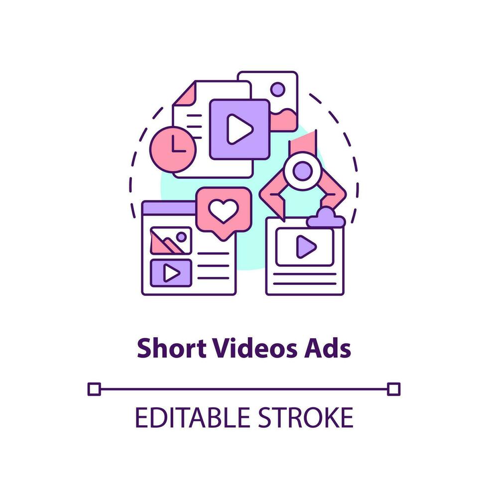 Short videos ads concept icon. Products presentation. Type of social media promo abstract idea thin line illustration. Isolated outline drawing. Editable stroke vector