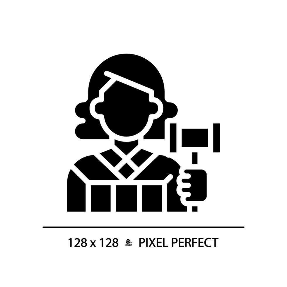 Judge pixel perfect RGB color icon. Case deciding in law court. Legislative system presentant. Judgement process. Silhouette symbol on white space. Solid pictogram. Vector isolated illustration