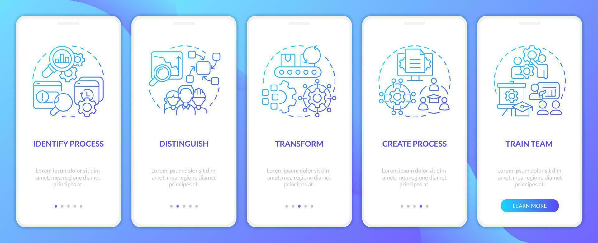 Using SMED blue gradient onboarding mobile app screen. Business strategy walkthrough 5 steps graphic instructions with linear concepts. UI, UX, GUI template vector