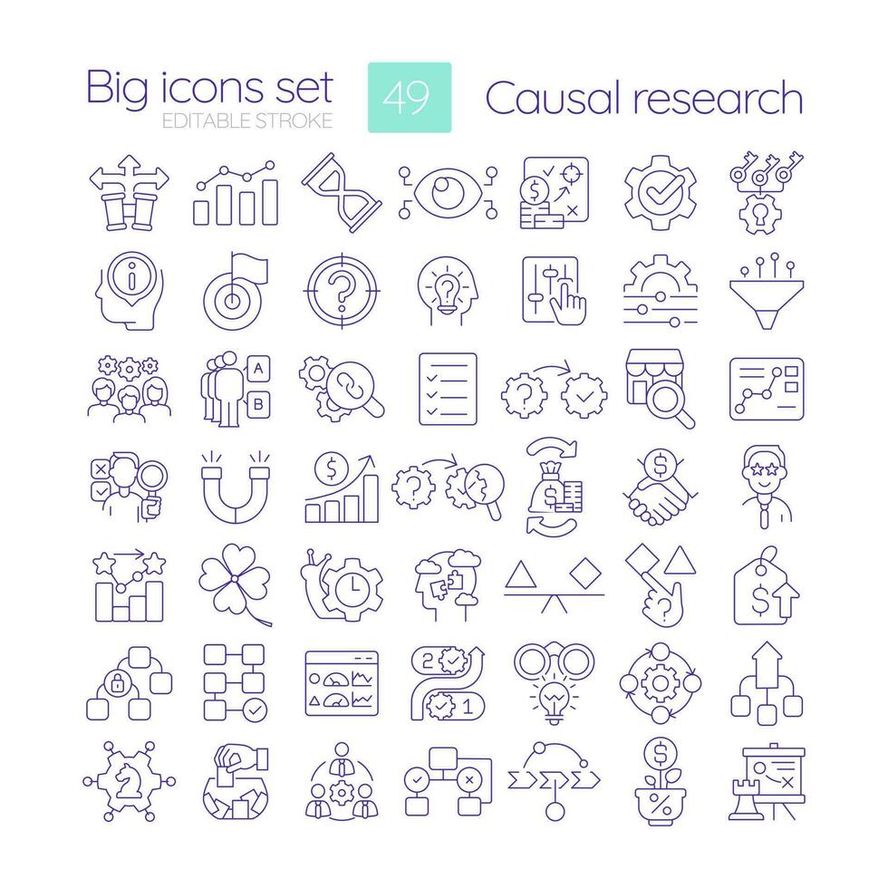 Causal research linear icons set. Marketing strategy of business development. Commercial prediction. Customizable thin line symbols. Isolated vector outline illustrations. Editable stroke