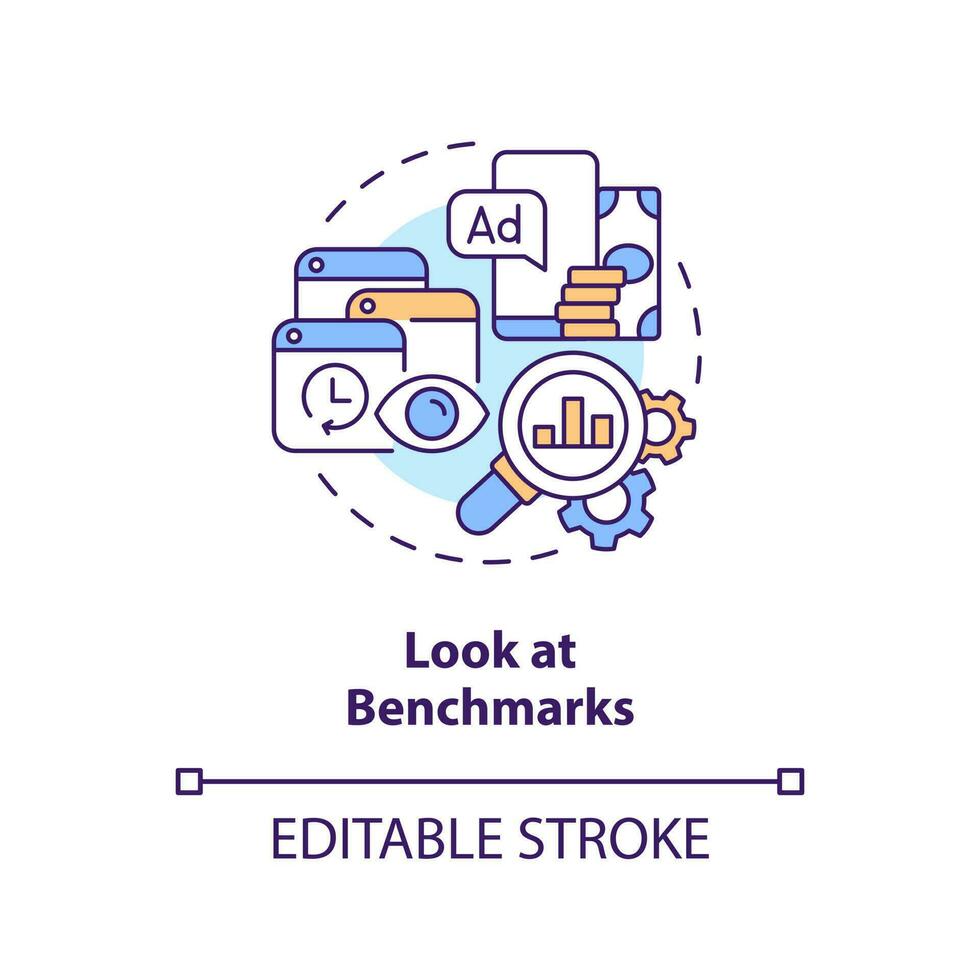 Look at benchmarks concept icon. Get started with social media advertising abstract idea thin line illustration. Isolated outline drawing. Editable stroke vector