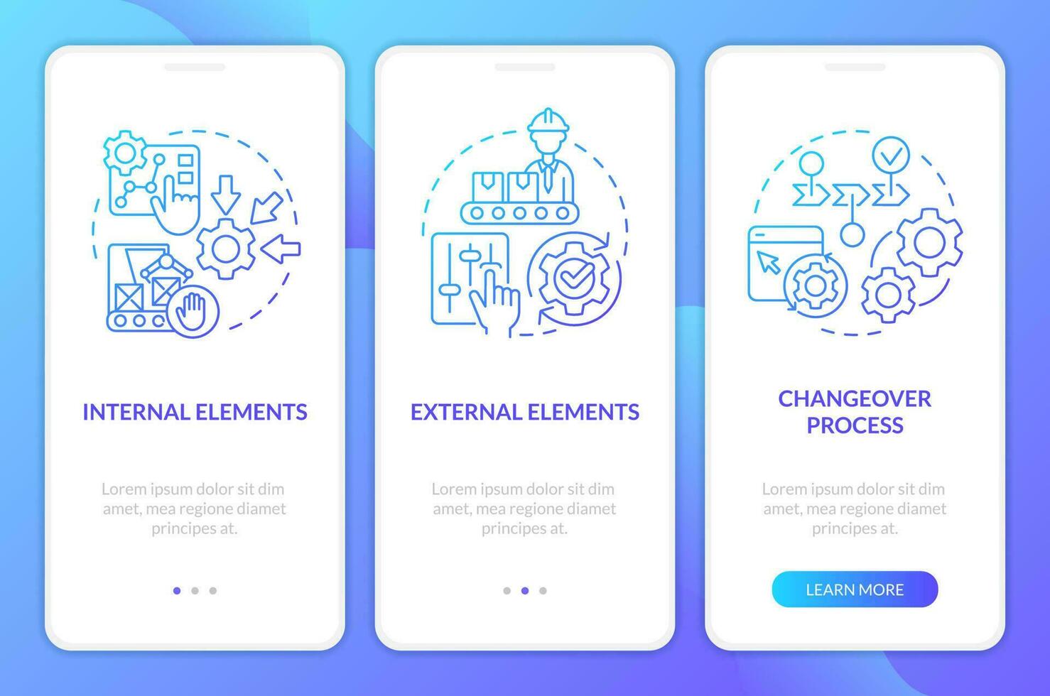 smed conceptos azul degradado inducción móvil aplicación pantalla. cambio proceso recorrido 3 pasos gráfico instrucciones con lineal conceptos. ui, ux, gui modelo vector