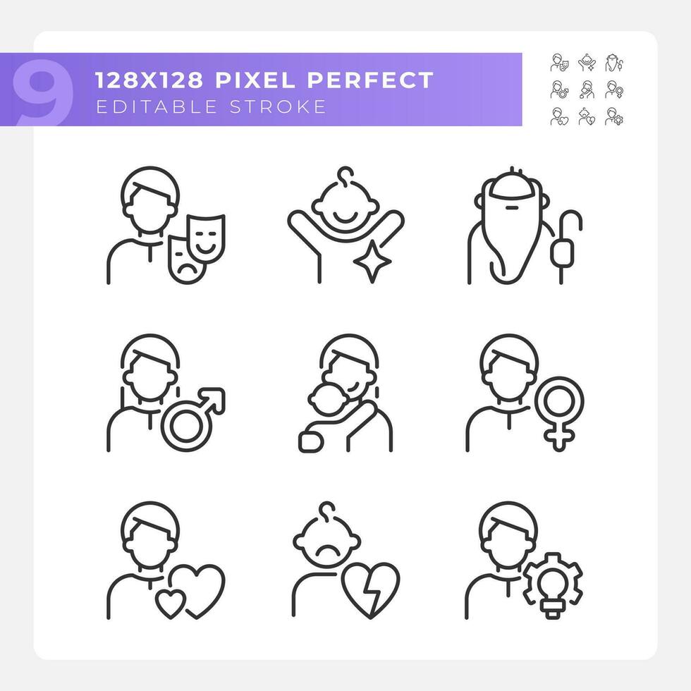 Personal characteristics pixel perfect linear icons set. Psychoanalytic theory. Anima and animus. Child, orphan. Customizable thin line symbols. Isolated vector outline illustrations. Editable stroke