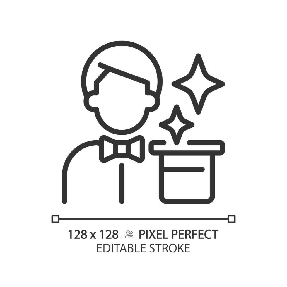 Magician pixel perfect linear icon. Character archetype. Psychoanalytic theory. Wise personality. Manipulation skill. Thin line illustration. Contour symbol. Vector outline drawing. Editable stroke