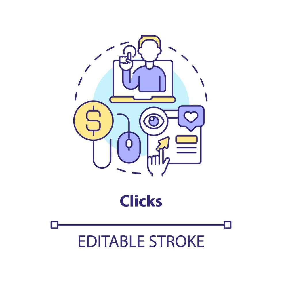 Clicks concept icon. Tracking activity on page. Social media advertising metric abstract idea thin line illustration. Isolated outline drawing. Editable stroke vector