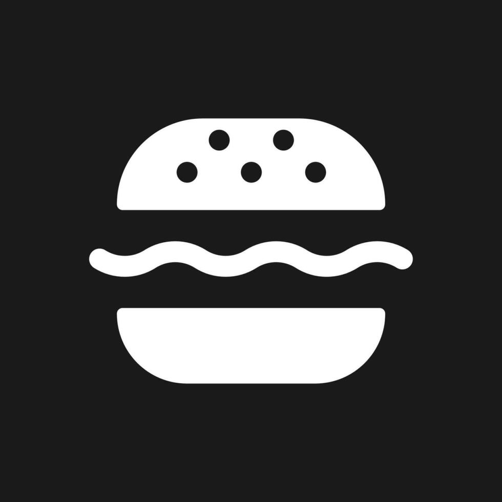 Burger dark mode glyph ui icon. Substantial meal. Fast food lunch. User interface design. White silhouette symbol on black space. Solid pictogram for web, mobile. Vector isolated illustration