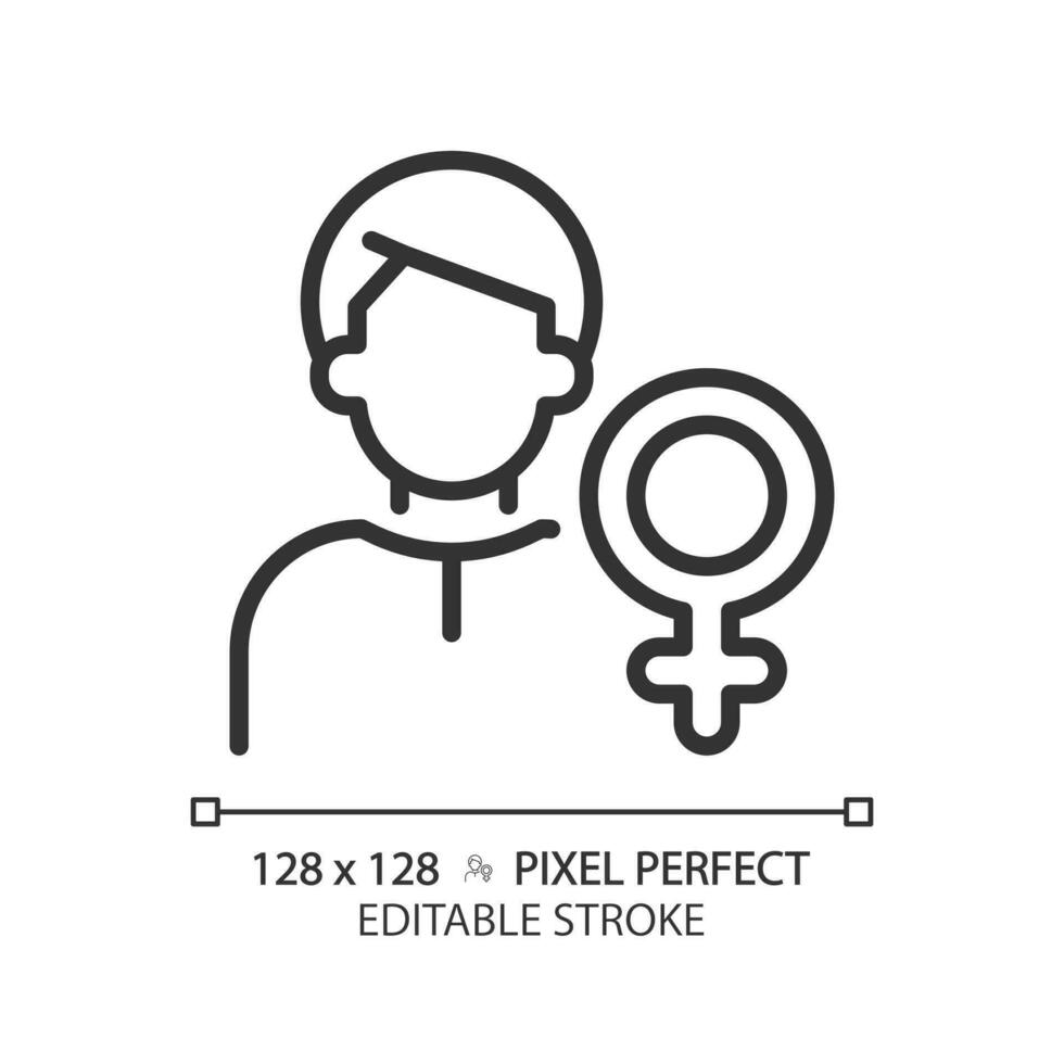 Animus pixel perfect linear icon. Image of man. Male qualities. Masculine part of woman personality. Psychoanalysis. Thin line illustration. Contour symbol. Vector outline drawing. Editable stroke