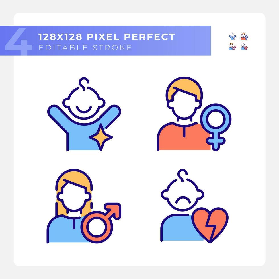 People pixel perfect RGB color icons set. Character archetypes. Anima and animus. Child, orphan. Family members. Isolated vector illustrations. Simple filled line drawings collection. Editable stroke