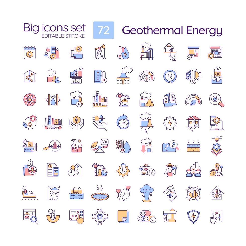 Geothermal energy RGB color icons set. Alternative power. Green electricity. Technologies and usage. Isolated vector illustrations. Simple filled line drawings collection. Editable stroke