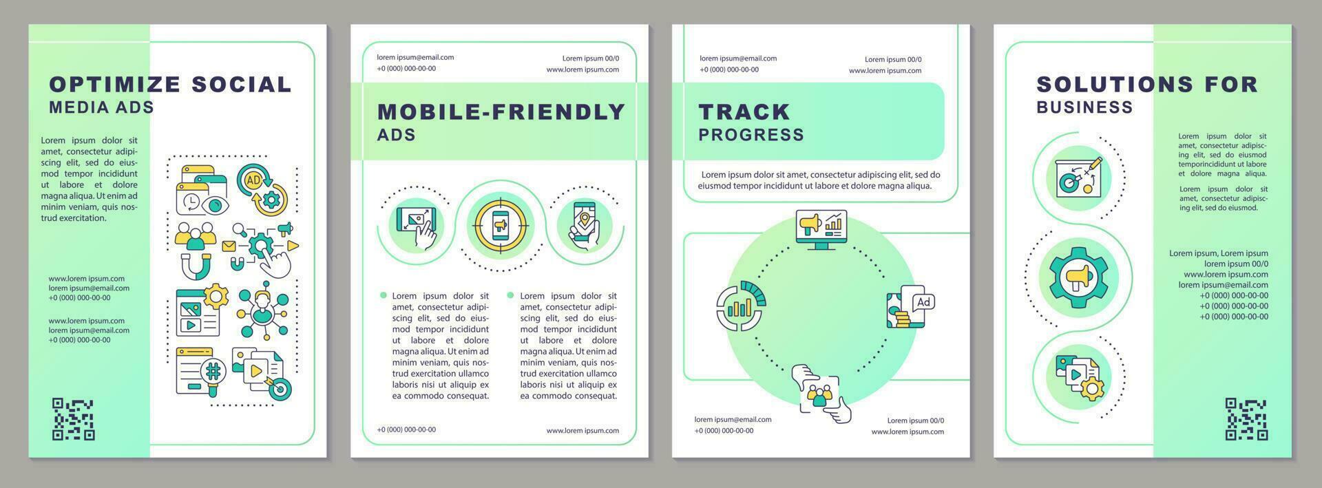 Optimize social media ads green gradient brochure template. SMM strategy. Leaflet design with linear icons. 4 vector layouts for presentation, annual reports