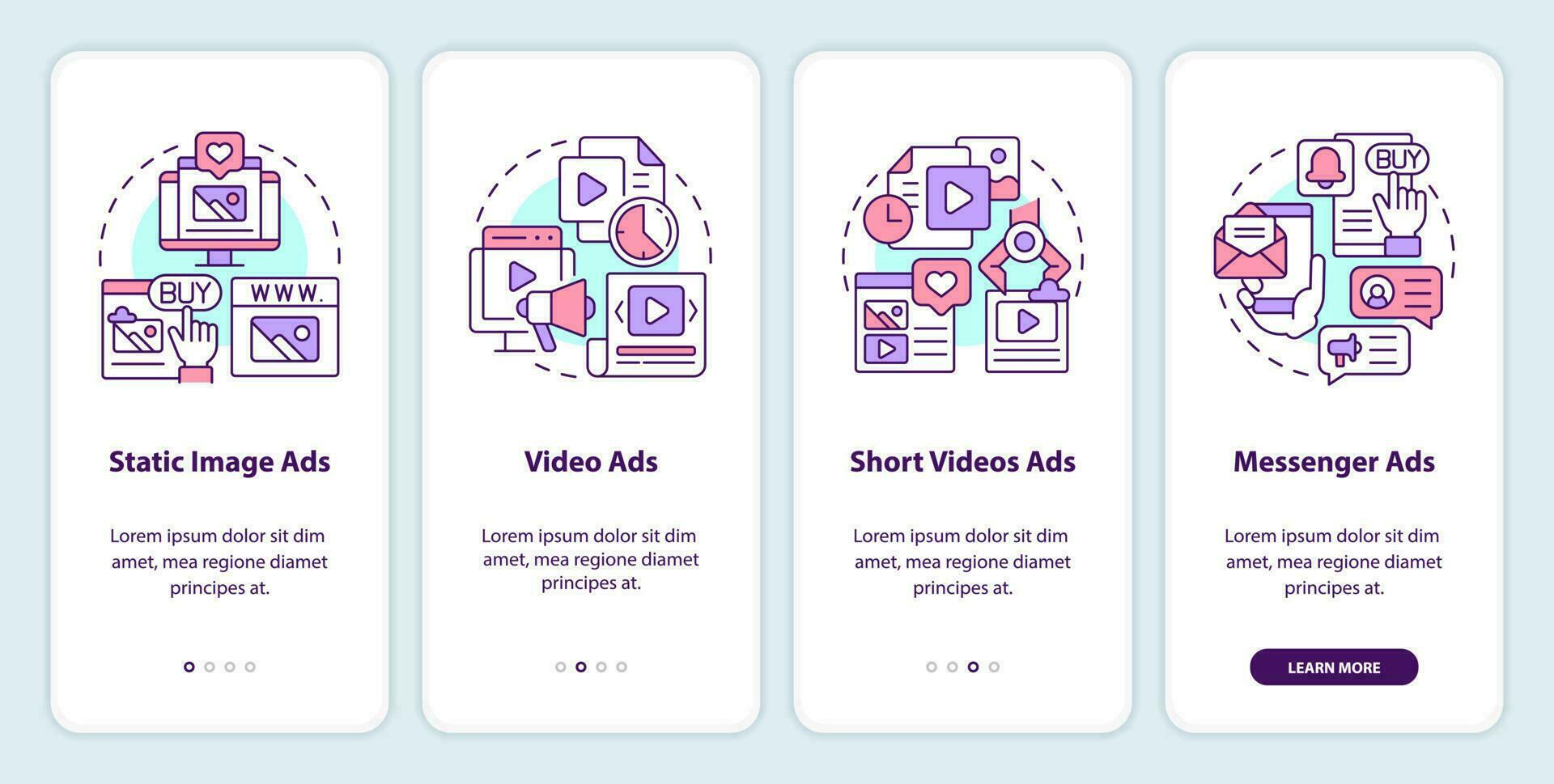 Types of social media ads onboarding mobile app screen. Promo walkthrough 4 steps editable graphic instructions with linear concepts. UI, UX, GUI template vector