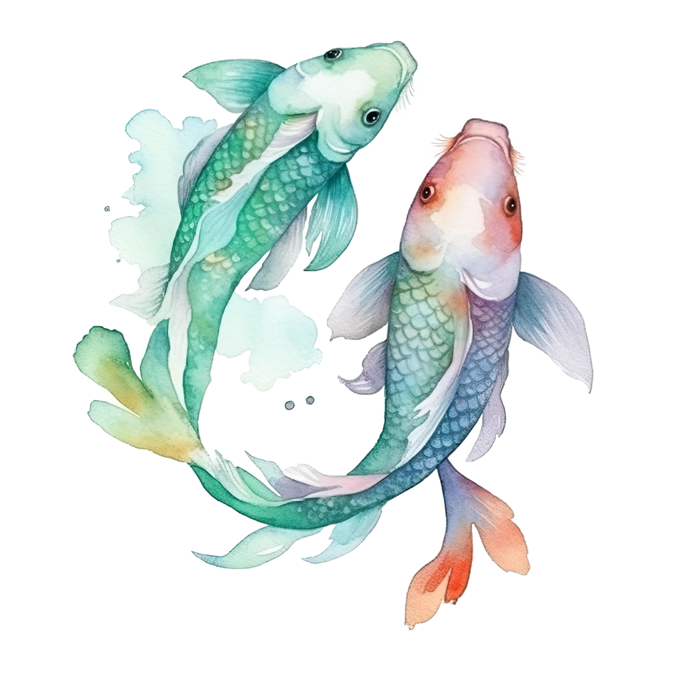 Watercolor illustration of two mint koi fish on  Transparent background, Generate Ai png