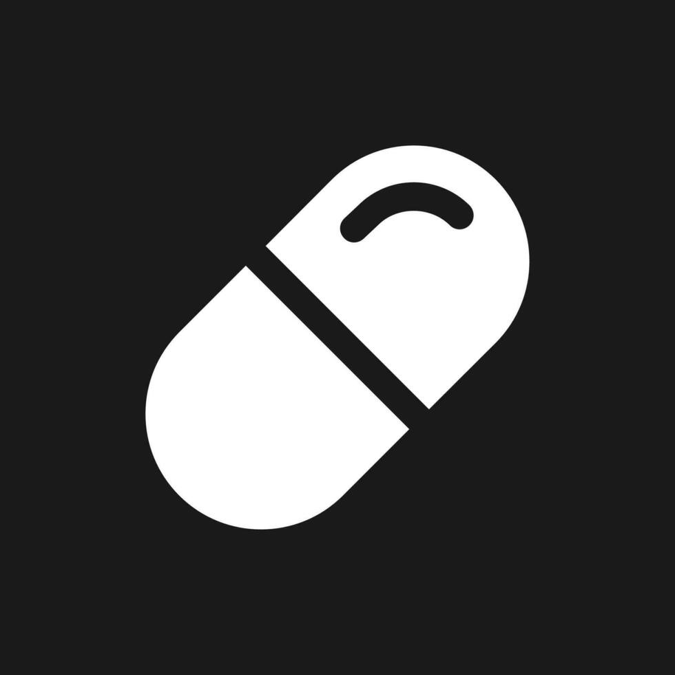 Medication dark mode glyph ui icon. Medical prescription. Capsule pill. User interface design. White silhouette symbol on black space. Solid pictogram for web, mobile. Vector isolated illustration