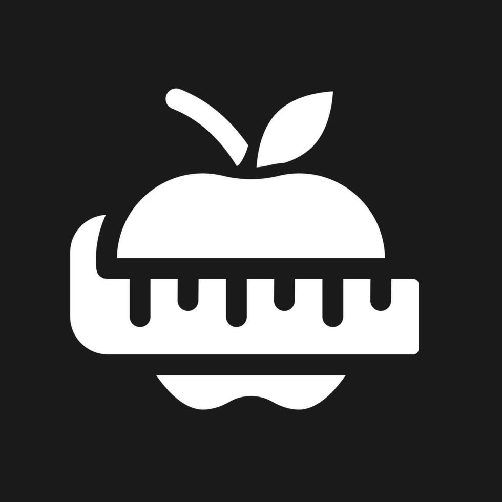 Apple and measuring tape dark mode glyph ui icon. Weight loss. Diet. User interface design. White silhouette symbol on black space. Solid pictogram for web, mobile. Vector isolated illustration