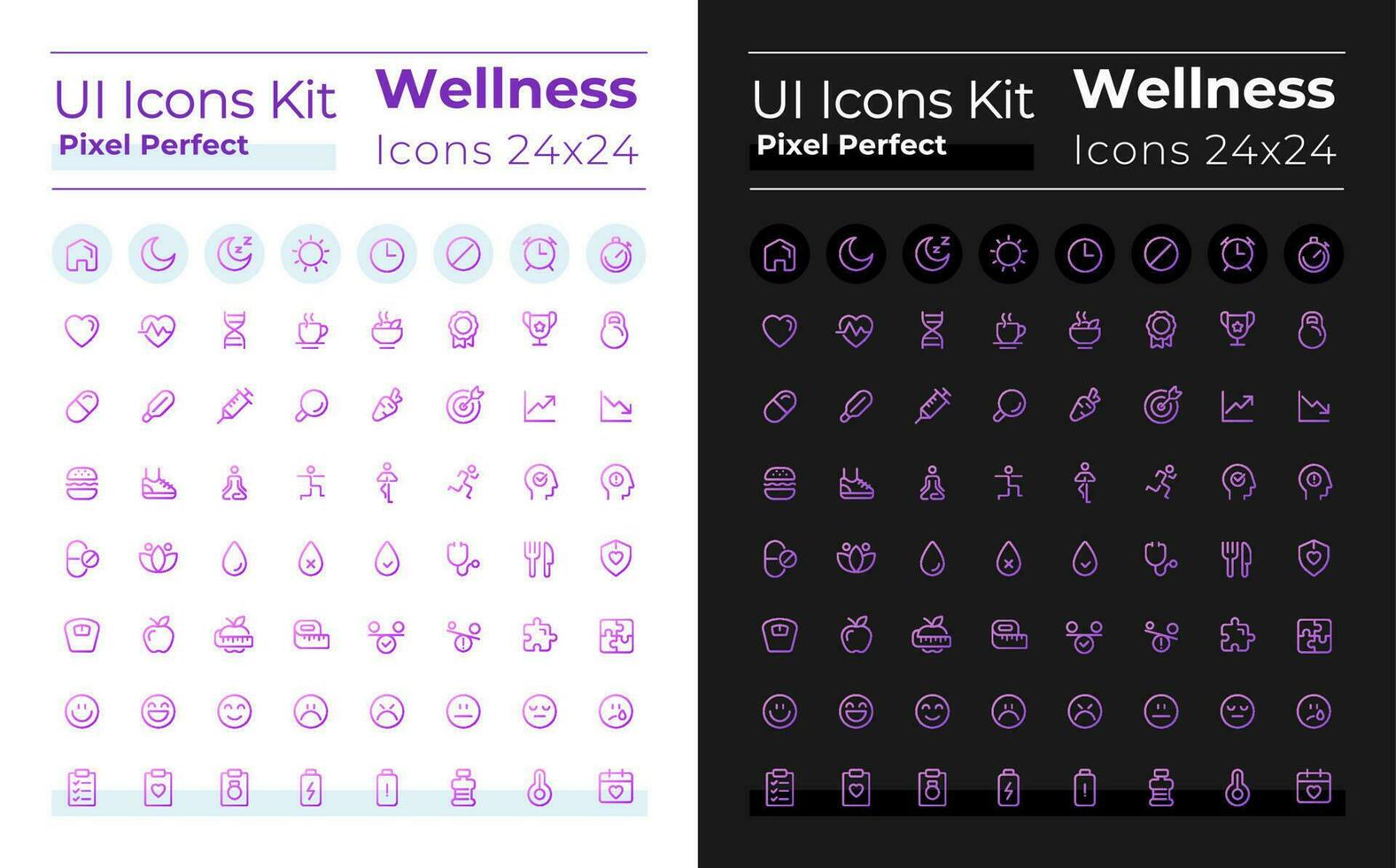 Wellness pixel perfect gradient linear ui icons set for dark, light mode. Line contour user interface symbols. Vector isolated outline illustrations