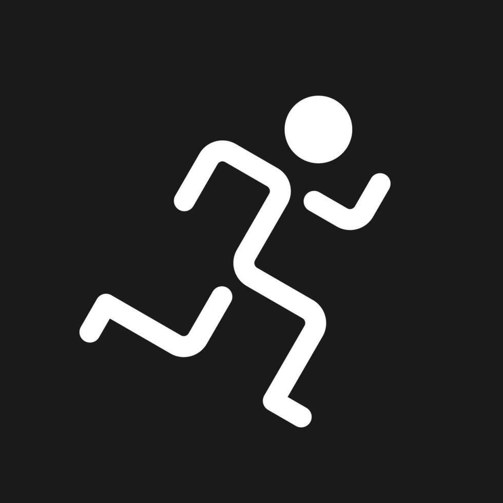 Running dark mode glyph ui icon. Active lifestyle. Jogging practice. User interface design. White silhouette symbol on black space. Solid pictogram for web, mobile. Vector isolated illustration