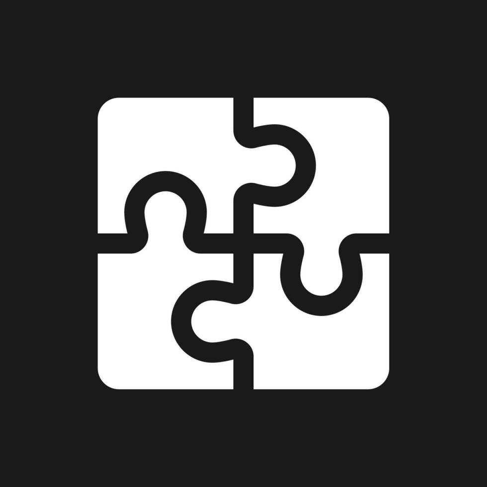Puzzle dark mode glyph ui icon. Team cooperation. Idea and solution. User interface design. White silhouette symbol on black space. Solid pictogram for web, mobile. Vector isolated illustration