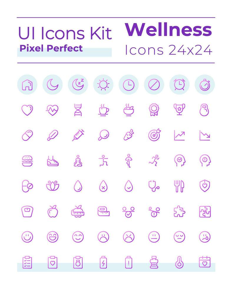 Health and wellness pixel perfect gradient linear ui icons set. Physical wellbeing. Line contour user interface symbols. Vector isolated outline illustrations