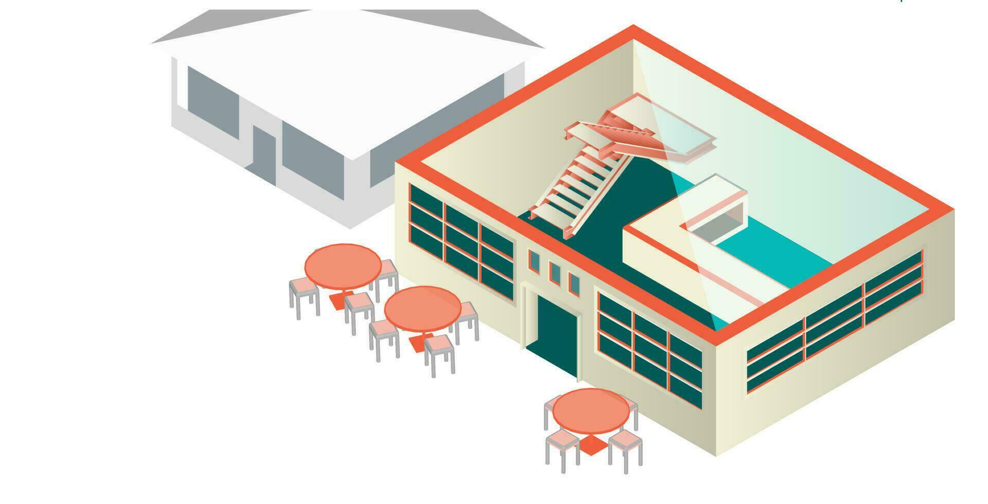 Illustration of a flat vector isometric cafe building. Perfect for representing restaurants, cafeterias, and other food-related businesses. Infographic design with exterior view, sign, property.