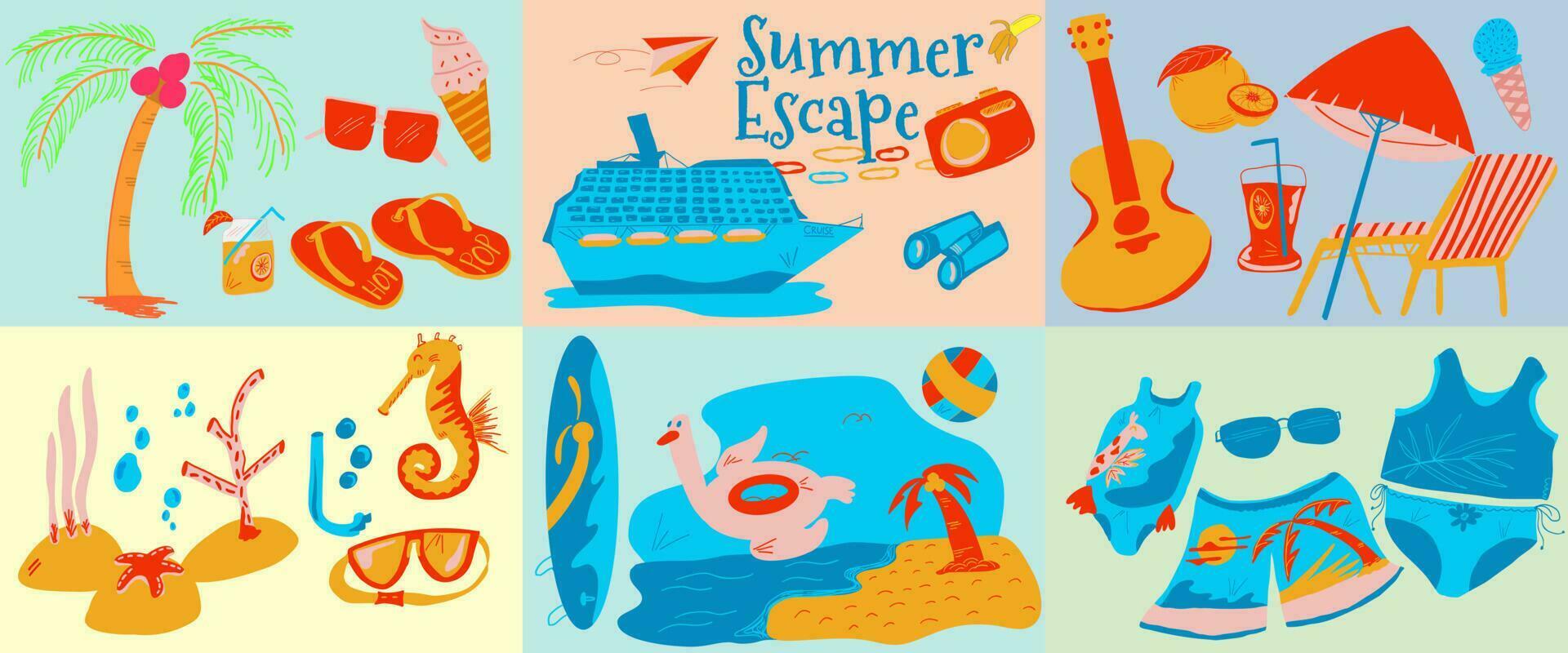 linda verano elementos collage conjunto haz recopilación. playa fiesta, vacaciones, nadar, surf, buceo vector