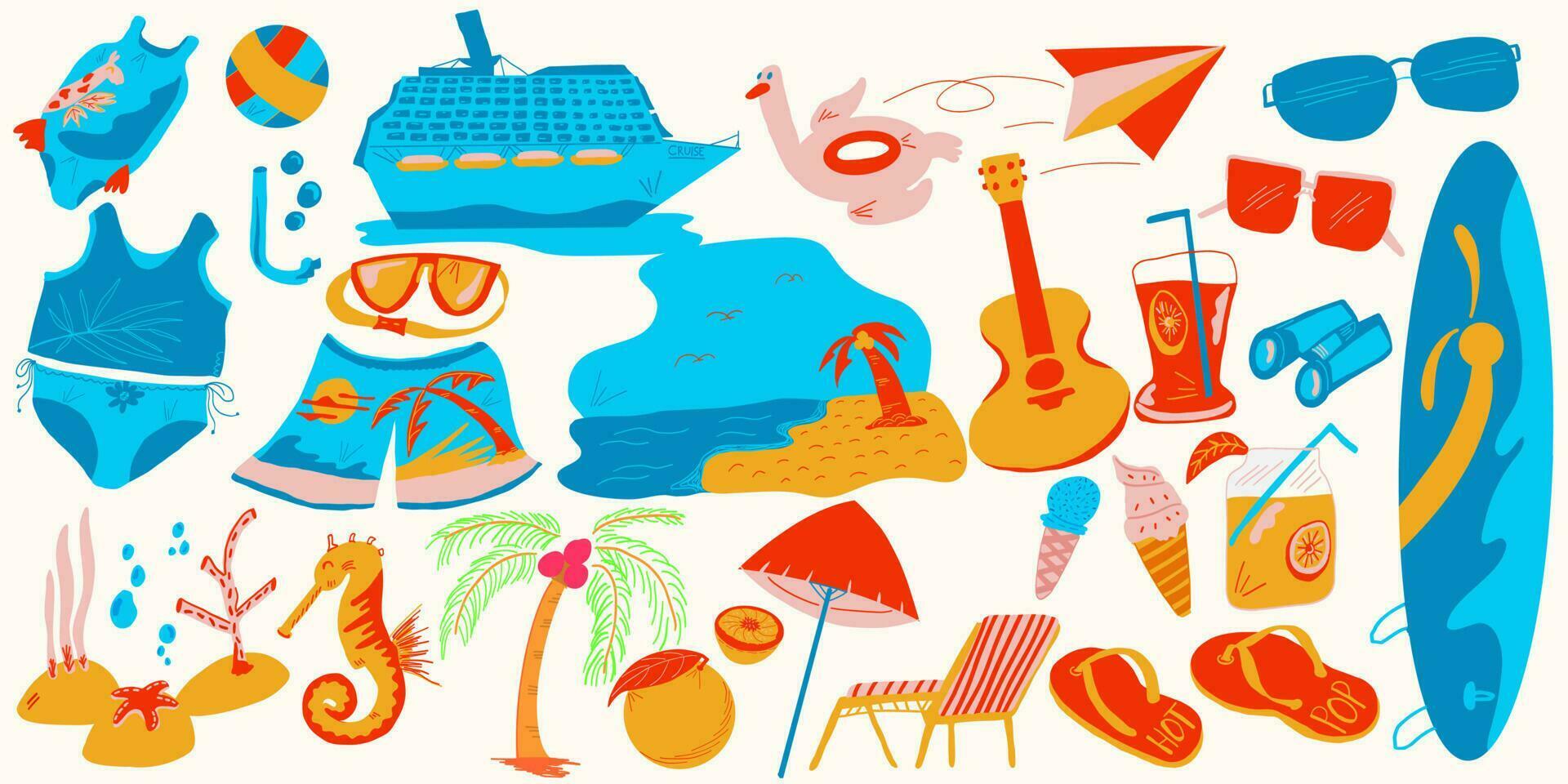 Cute Summer elements Icons Beach Party, vacation, swimming, surfing, diving and more. Top 25 plus summer elements of Flat vector illustration