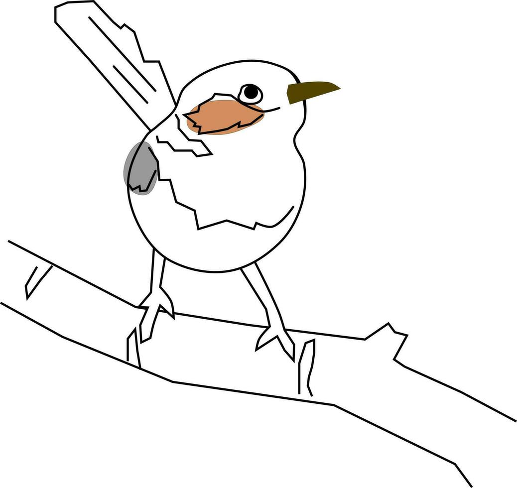 Cute black and white bird on branch. simple lines style doodle. vector illustration.