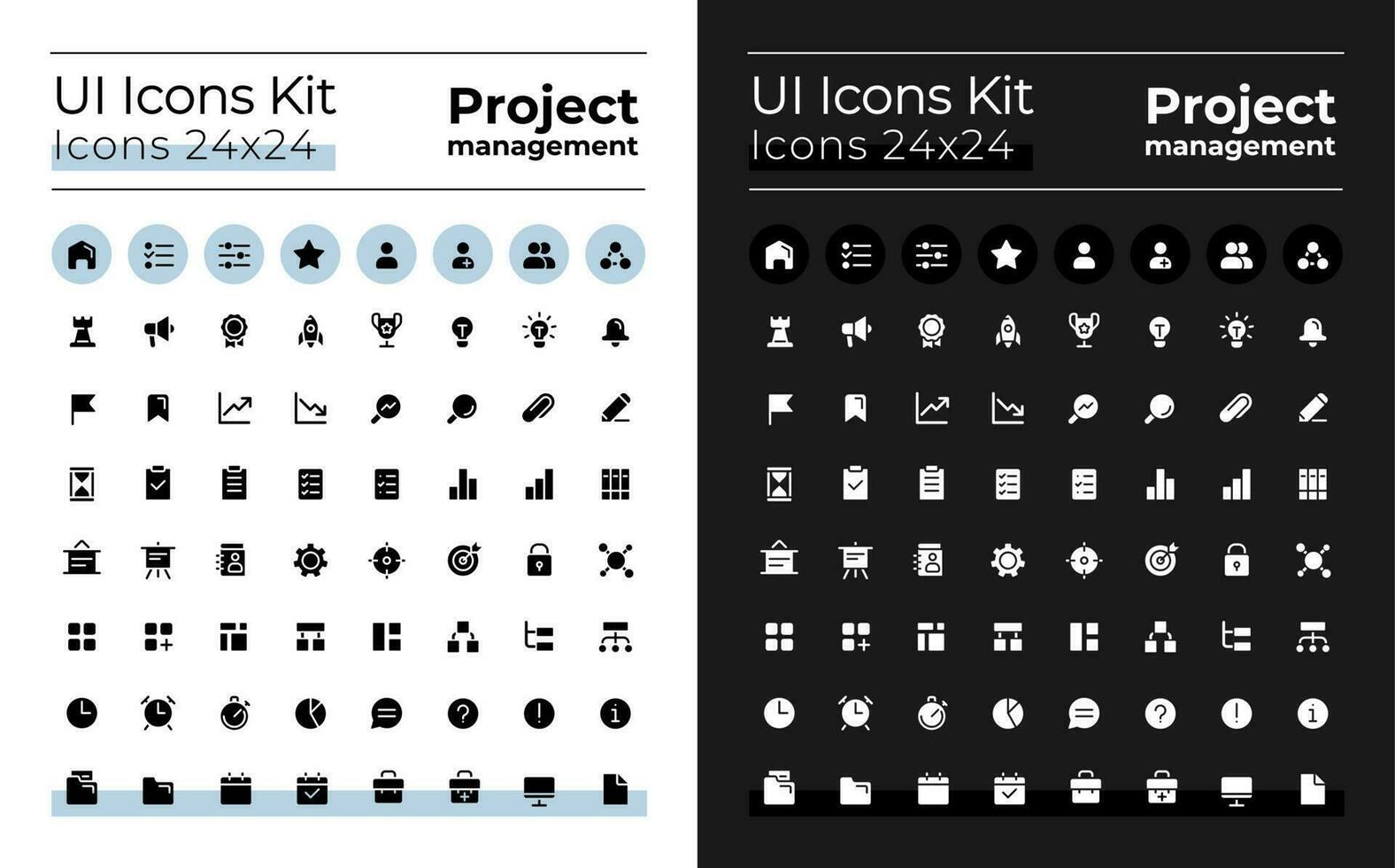 Project management glyph ui icons kit for dark, light mode. Task solving. Silhouette symbols for night, day themes. Solid pictograms. Vector isolated illustrations