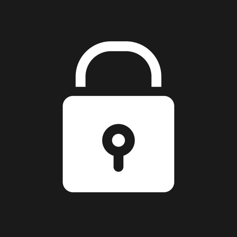 Padlock pixel dark mode glyph ui icon. Closed access to sensitive data. User interface design. White silhouette symbol on black space. Solid pictogram for web, mobile. Vector isolated illustration